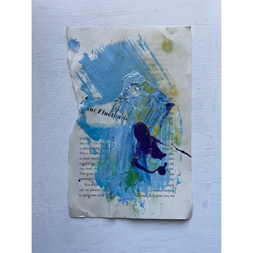 Abstract Mixed Media Art‎ Piece on Torn Book Page Blue Purple Yellow